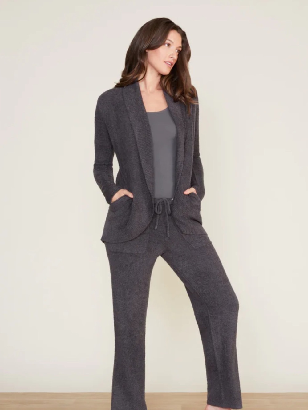Barefoot Dreams CozyChic Lite Dark Gray Lounge Cozy Boucle Knit Ribbed Cardigan